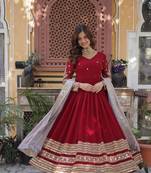 Red embroidered faux blooming anarkali gown with zari sequins     party wear
