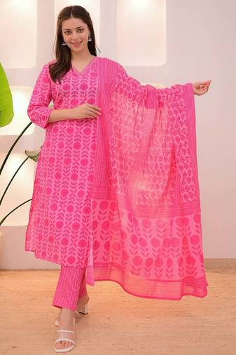 Pink women rayon slub kurta pant with muslin dupatta set | ethnic wear suit set