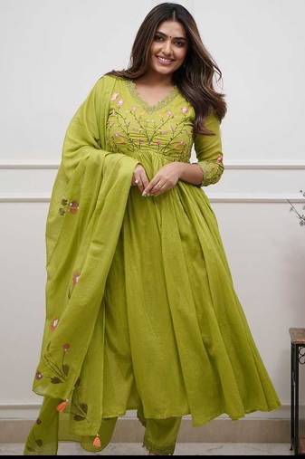 Women Green Embroidered A-line Kurta Set with Dupatta – Ethnic Festive Wear