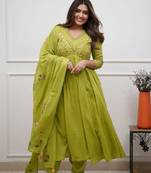 Women Green Embroidered A-line Kurta Set with Dupatta – Ethnic Festive Wear