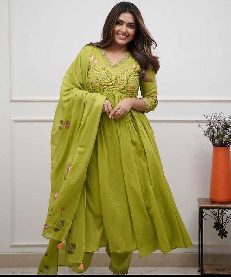 Women Green Embroidered A-line Kurta Set with Dupatta – Ethnic Festive Wear