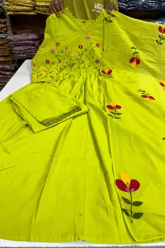 green cotton kurta set with floral embroidery