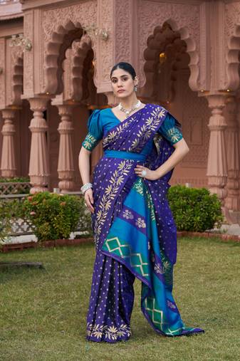 blue silk blend saree with woven work