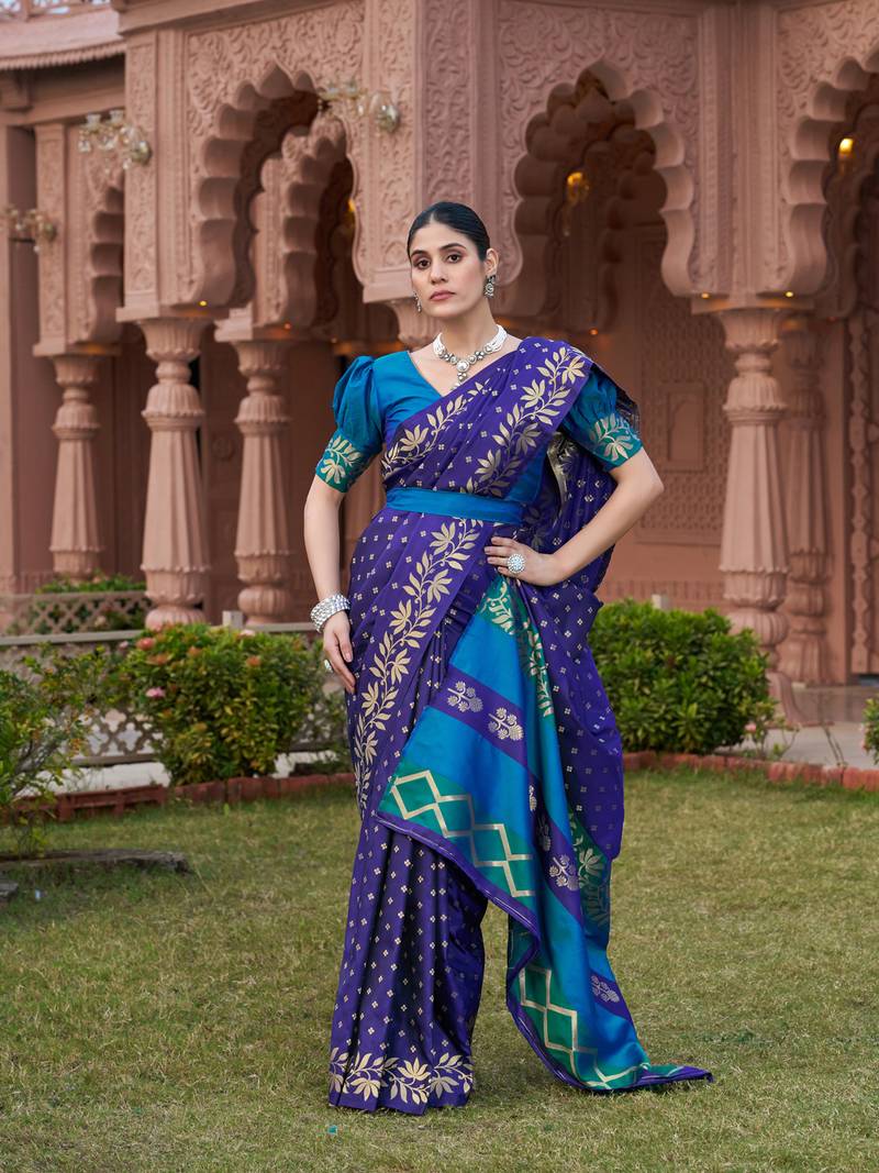 blue silk blend saree with woven work