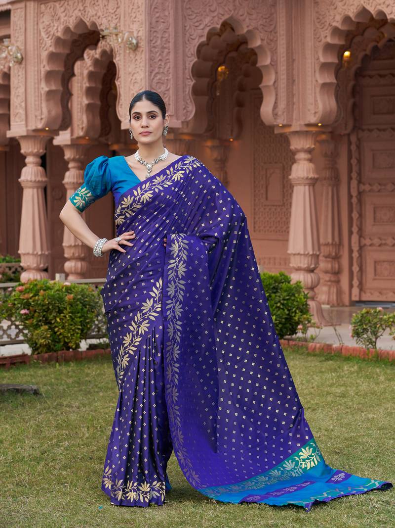 blue silk blend saree with woven work