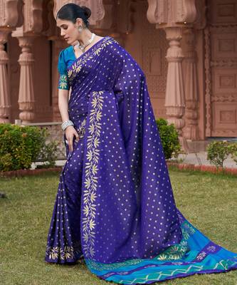 blue silk blend saree with woven work 3