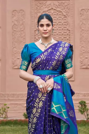 blue silk blend saree with woven work