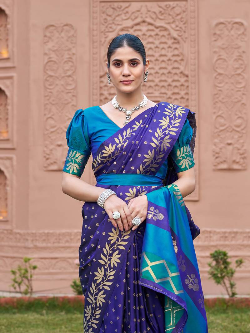 blue silk blend saree with woven work