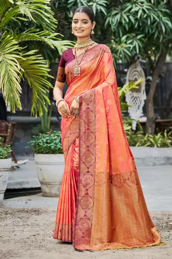 peach orange soft silk woven work traditional saree