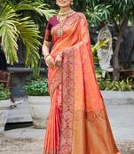 peach orange soft silk woven work traditional saree