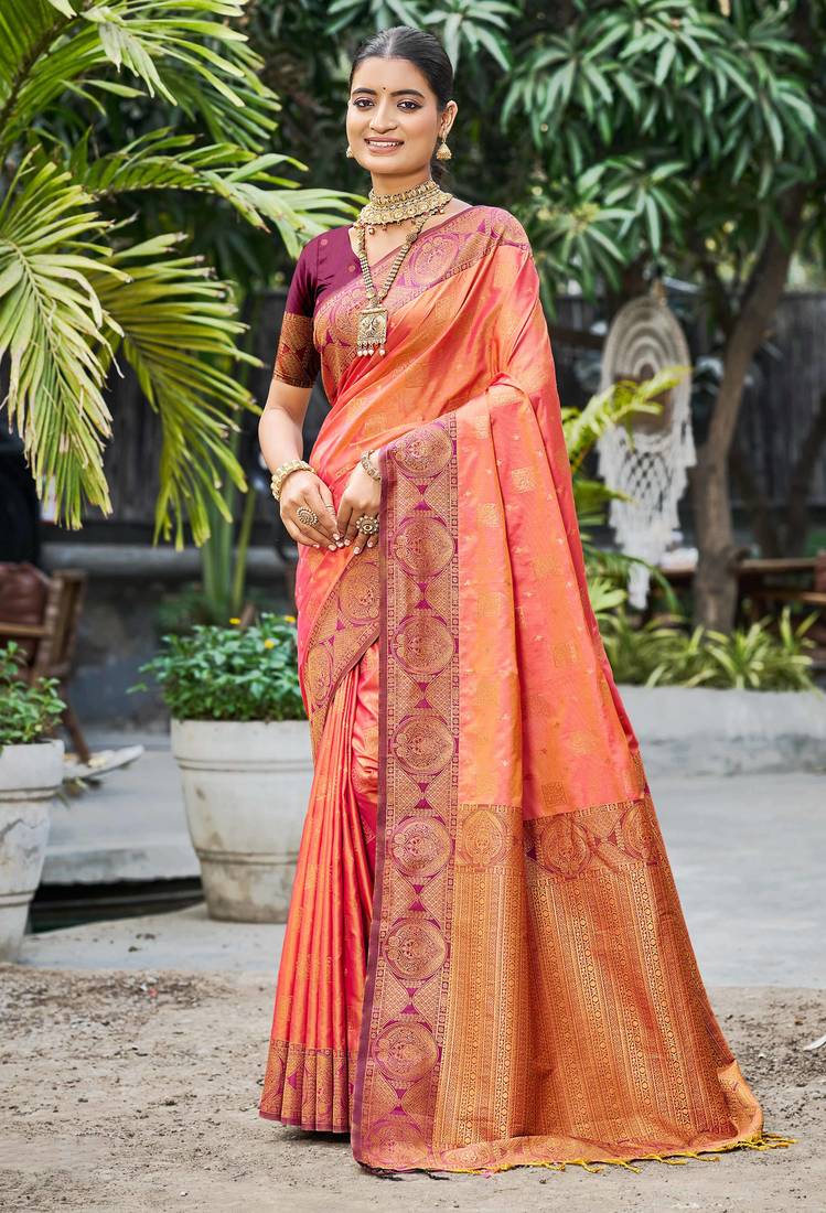 peach orange soft silk woven work traditional saree