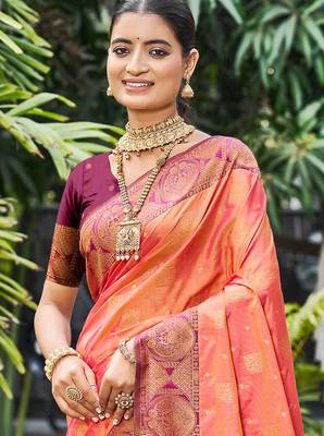 peach orange soft silk woven work traditional saree 2