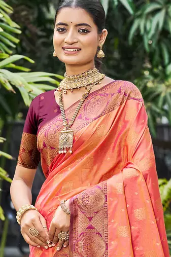 peach orange soft silk woven work traditional saree