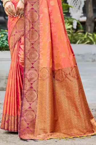 peach orange soft silk woven work traditional saree