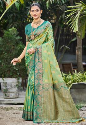 light pista green soft silk woven work traditional saree 1