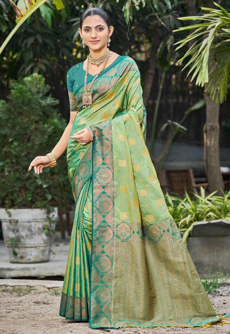 light pista green soft silk woven work traditional saree