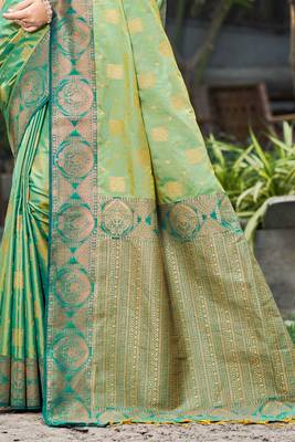 light pista green soft silk woven work traditional saree 3