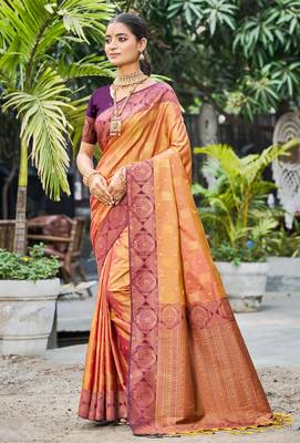 rust orange soft silk woven work traditional saree 1