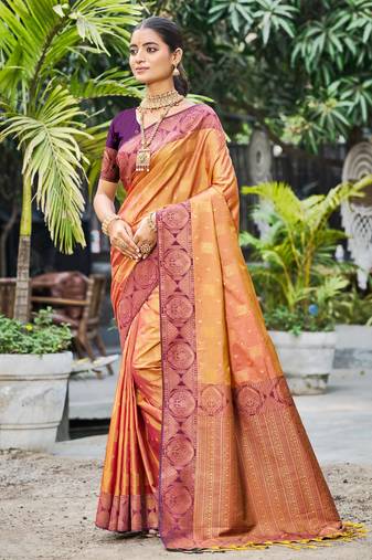 rust orange soft silk woven work traditional saree