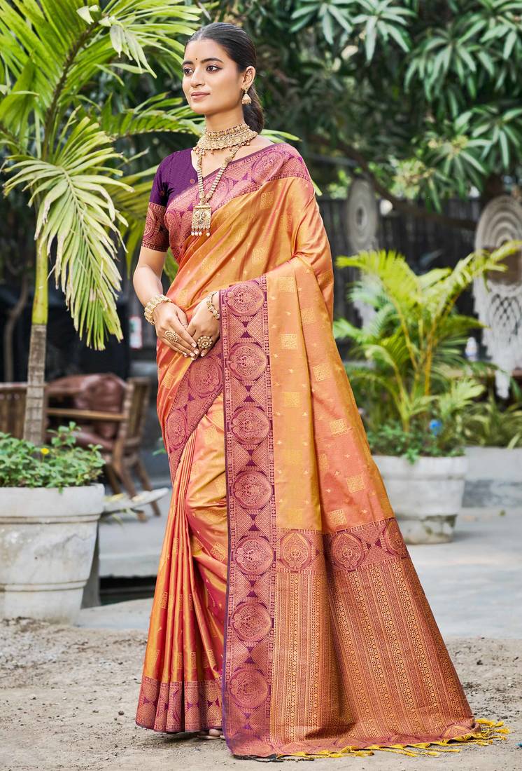rust orange soft silk woven work traditional saree