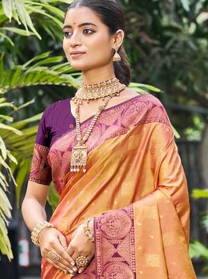rust orange soft silk woven work traditional saree 2