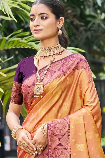 rust orange soft silk woven work traditional saree