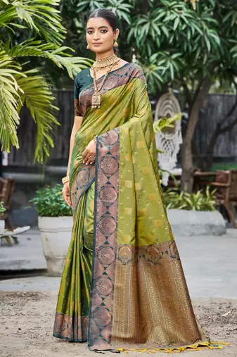 olive green soft silk woven work traditional saree