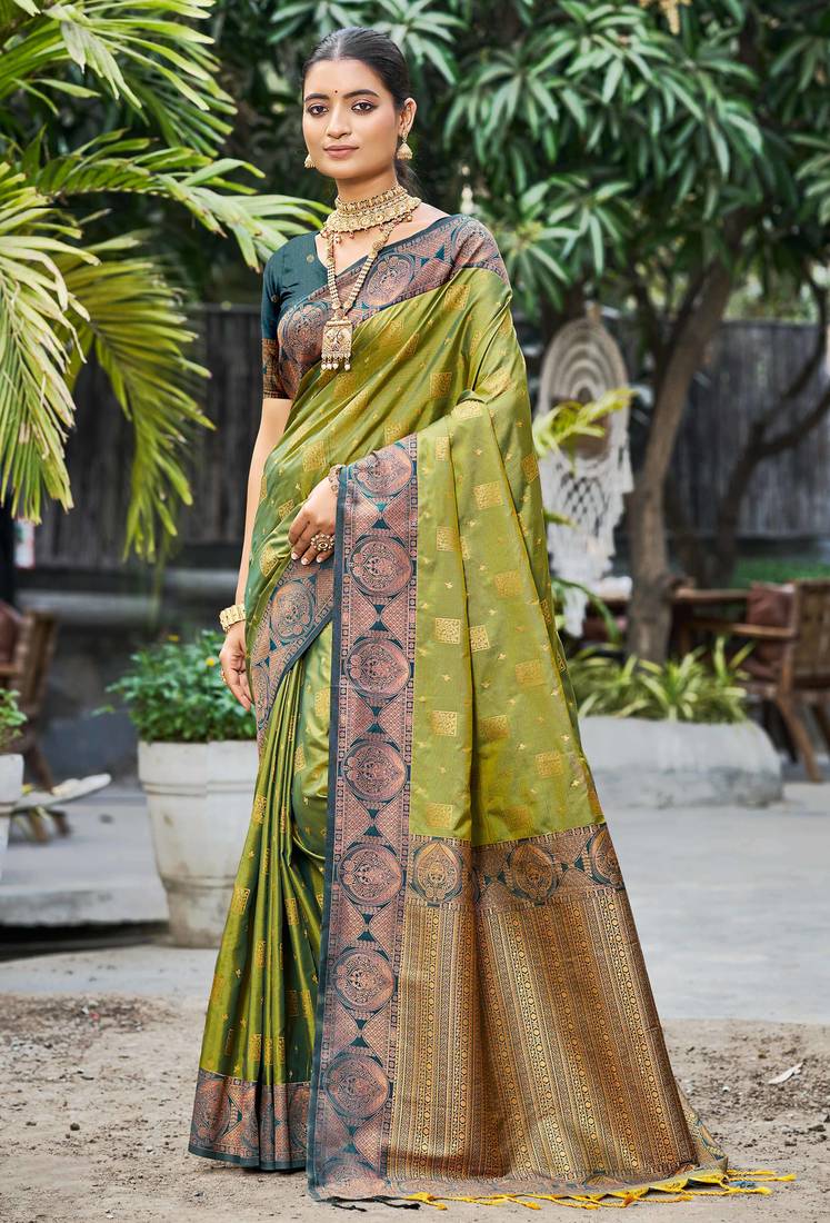 olive green soft silk woven work traditional saree