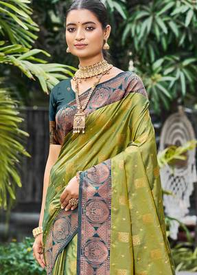olive green soft silk woven work traditional saree 2
