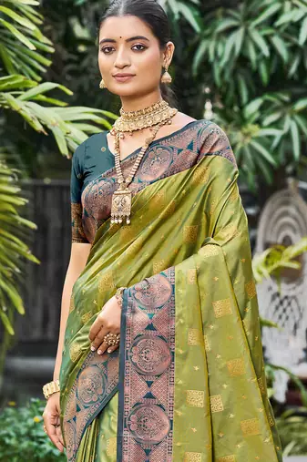 olive green soft silk woven work traditional saree