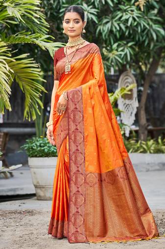 saffron orange soft silk woven work traditional saree
