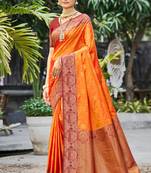 saffron orange soft silk woven work traditional saree