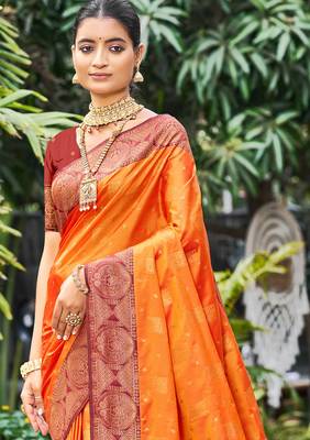 saffron orange soft silk woven work traditional saree 2