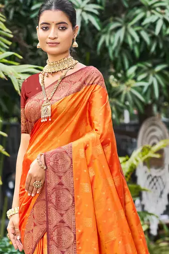 saffron orange soft silk woven work traditional saree