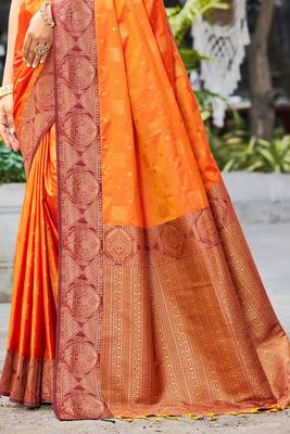 saffron orange soft silk woven work traditional saree 3
