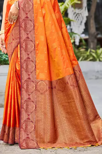 saffron orange soft silk woven work traditional saree