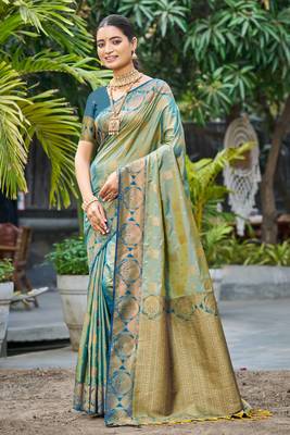 sage green soft silk woven work traditional saree 1