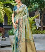 sage green soft silk woven work traditional saree