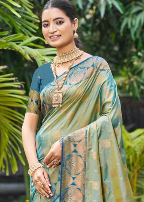 sage green soft silk woven work traditional saree 2