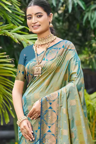 sage green soft silk woven work traditional saree