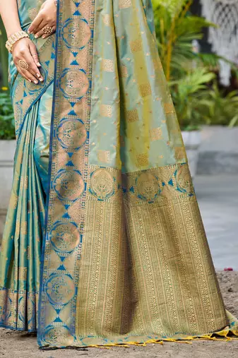 sage green soft silk woven work traditional saree