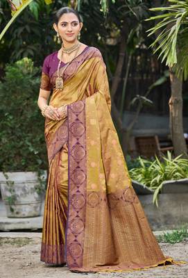golden mustard soft silk woven work traditional saree 1