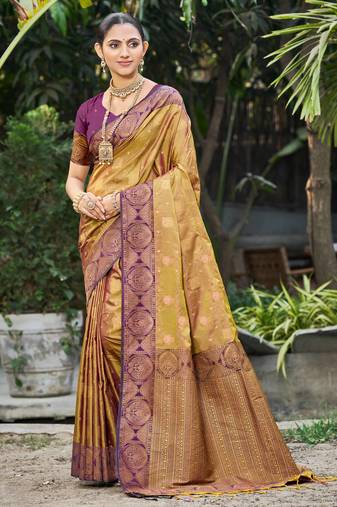 golden mustard soft silk woven work traditional saree