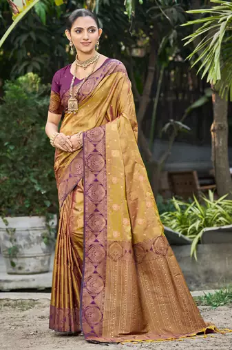 golden mustard soft silk woven work traditional saree