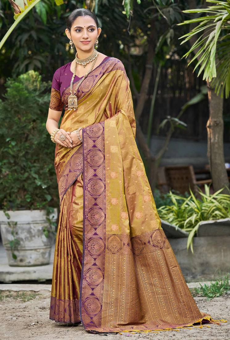 golden mustard soft silk woven work traditional saree