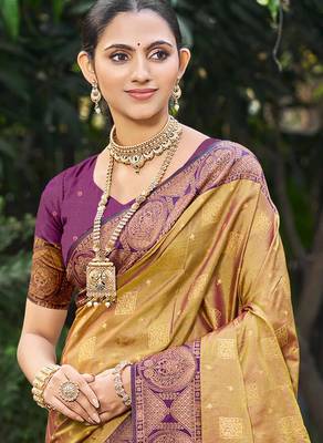 golden mustard soft silk woven work traditional saree 2