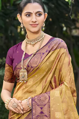 golden mustard soft silk woven work traditional saree