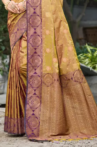 golden mustard soft silk woven work traditional saree