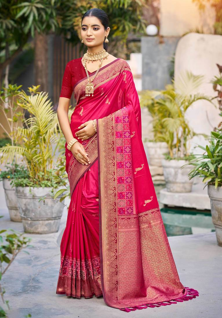 rani pink soft silk woven work traditional saree