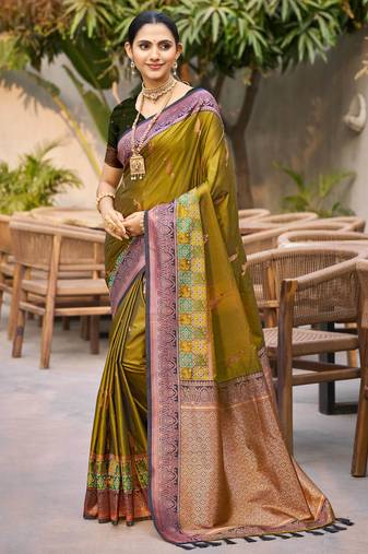 olive green soft silk woven work traditional saree